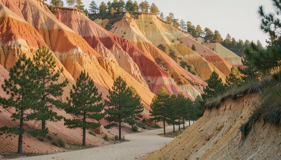 Eroded orange, red and yellow ochre cliffs above a sandy path lined with green pine trees, late afternoon sun raking across the slopes